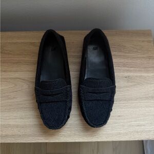 H&M Black Faux-Hair Penny Loafers for Women - Textured Flat